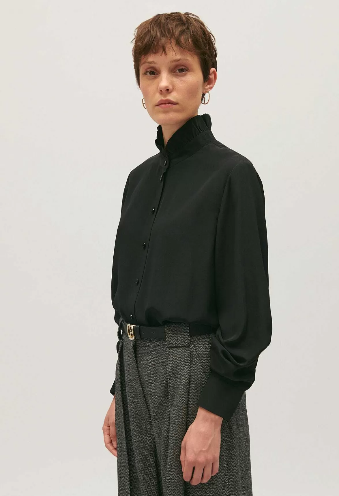 Claudie Pierlot Black Silk Shirt With Victorian Collar*Women Tops And Shirts